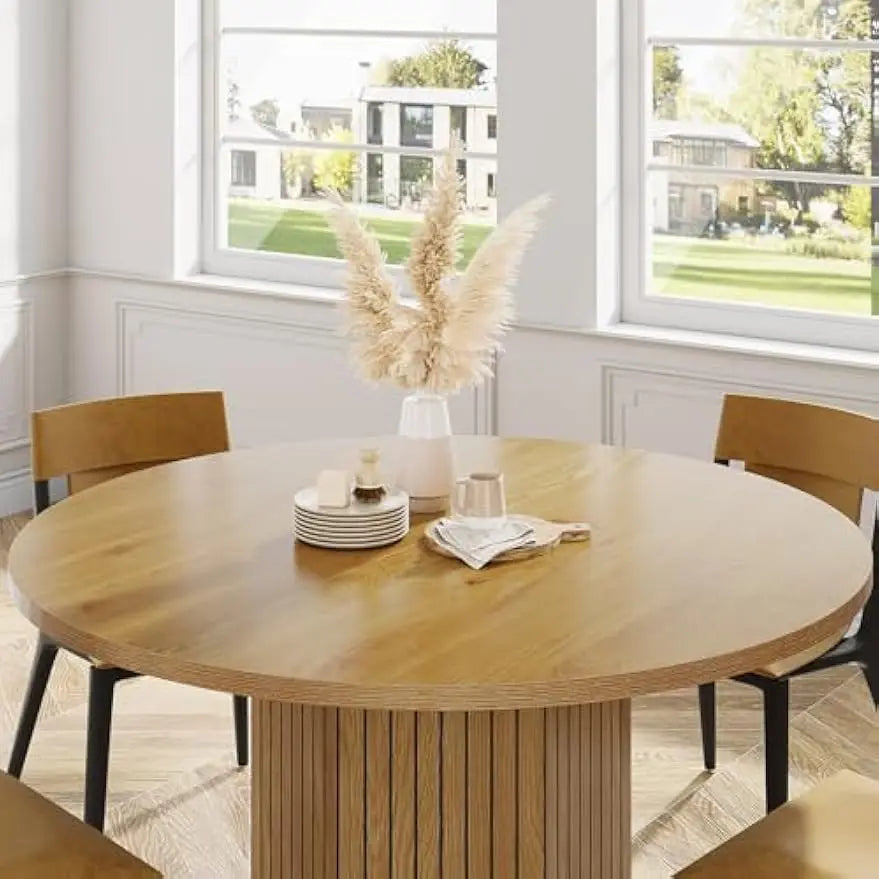 Wood dining table round kitchen for room 47 inch dinner 4 people with heavy duty pedestal - united states / natural oak