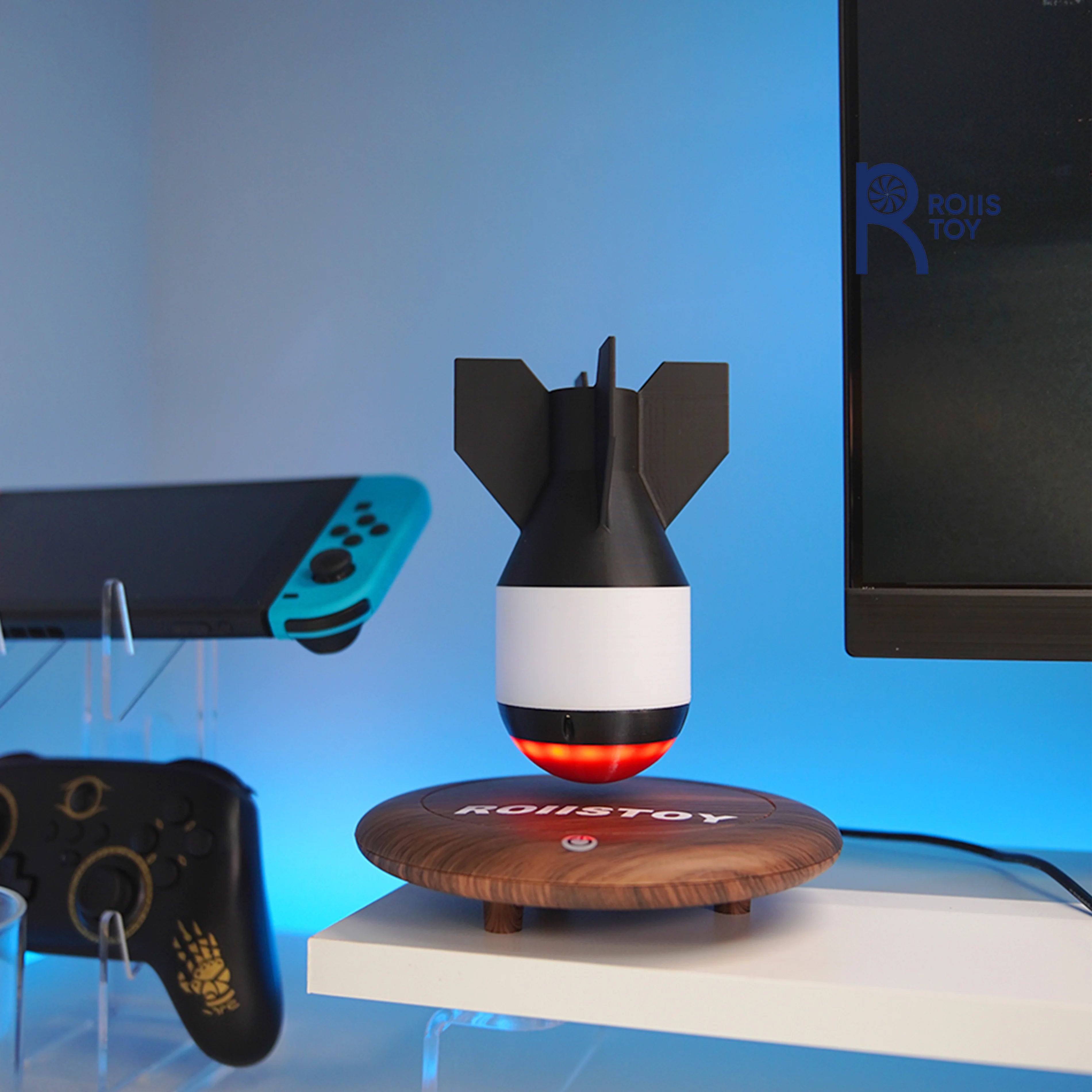 Military style maglev missile model floating on wooden base with red light effect for office desk dark decor collection