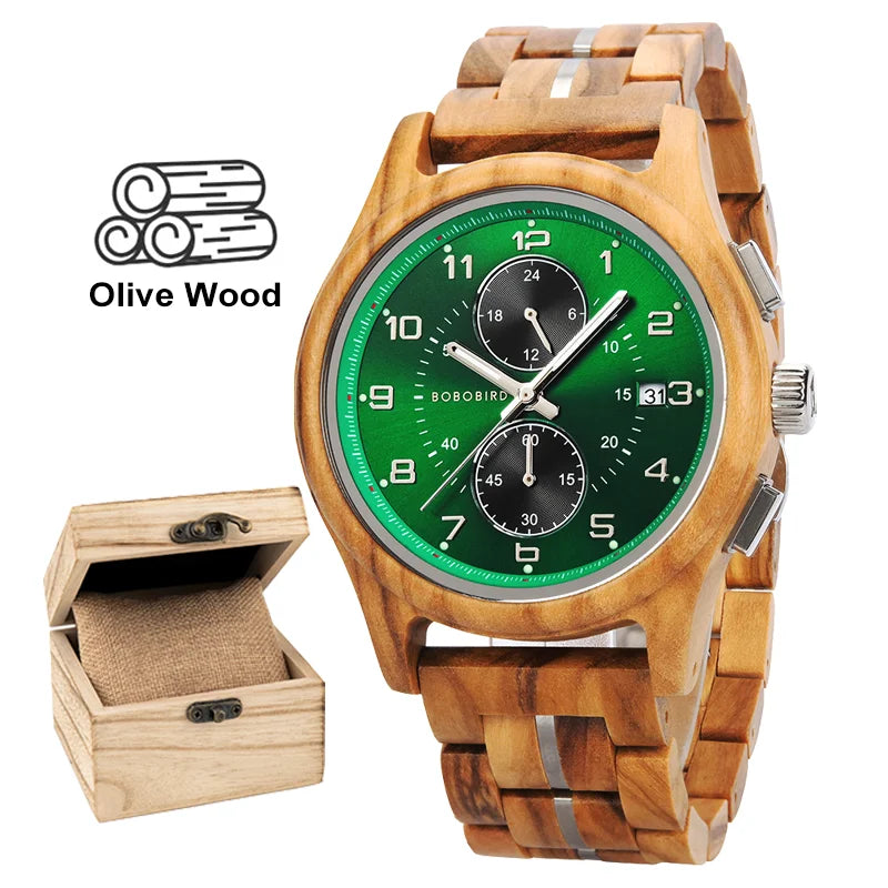 Bobo bird men watches 44mm luxury quartz watch lightweight wooden case and straps for casual support customize gift box