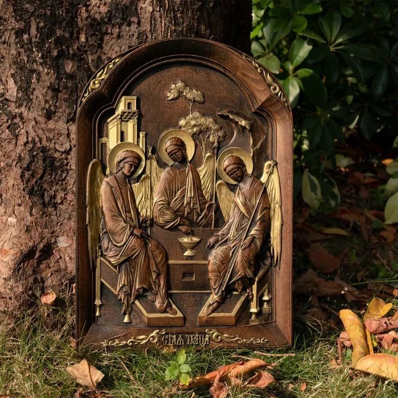 Religious vintage catholic holy trinity wood carving ornament family home living wall decor - (christian)
