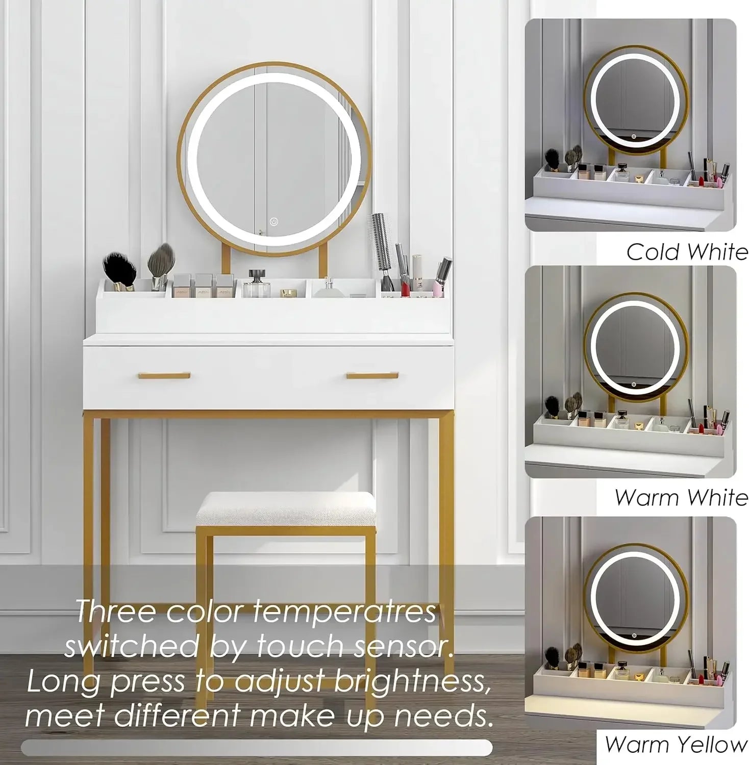 Makeup vanity desk with mirror and lights set drawers small table cushioned stool - united states