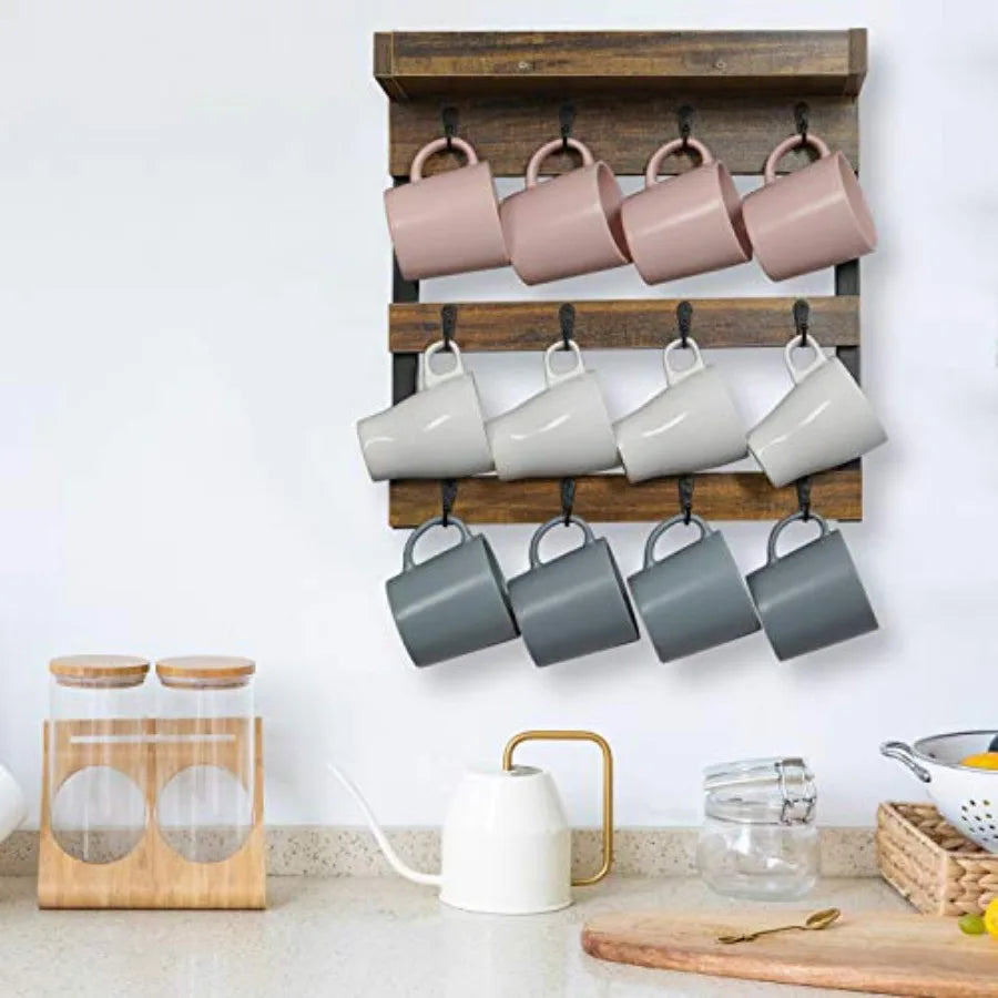Coffee mug rack wall mounted rustic wood cups with 12 hooks and storage shelf for home kitchen display collection rust