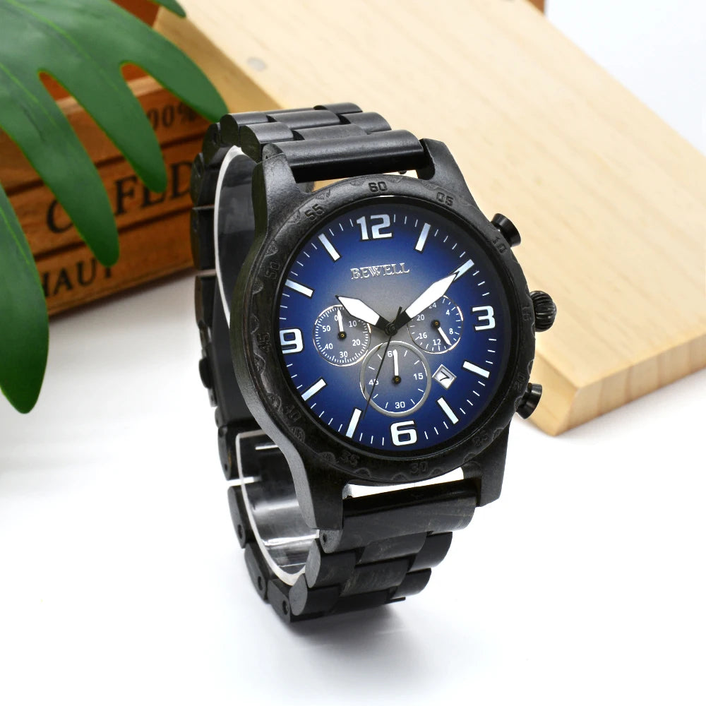Wooden watch for men date display chronograph quartz wrist 3 sub-dials handmade light weight luminous