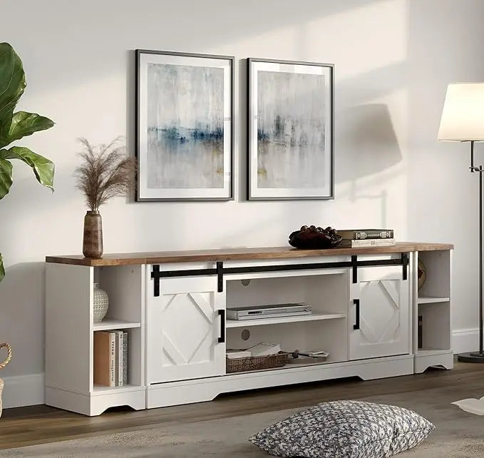 Modern farmhouse 3 in 1 tv stand for up to 85’’ tvs wood entertainment center with sliding barn door and adjustable