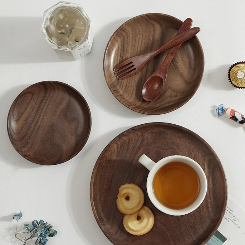 Japanese round wooden tray black walnut plate bread home afternoon tea snacks dessert dinner