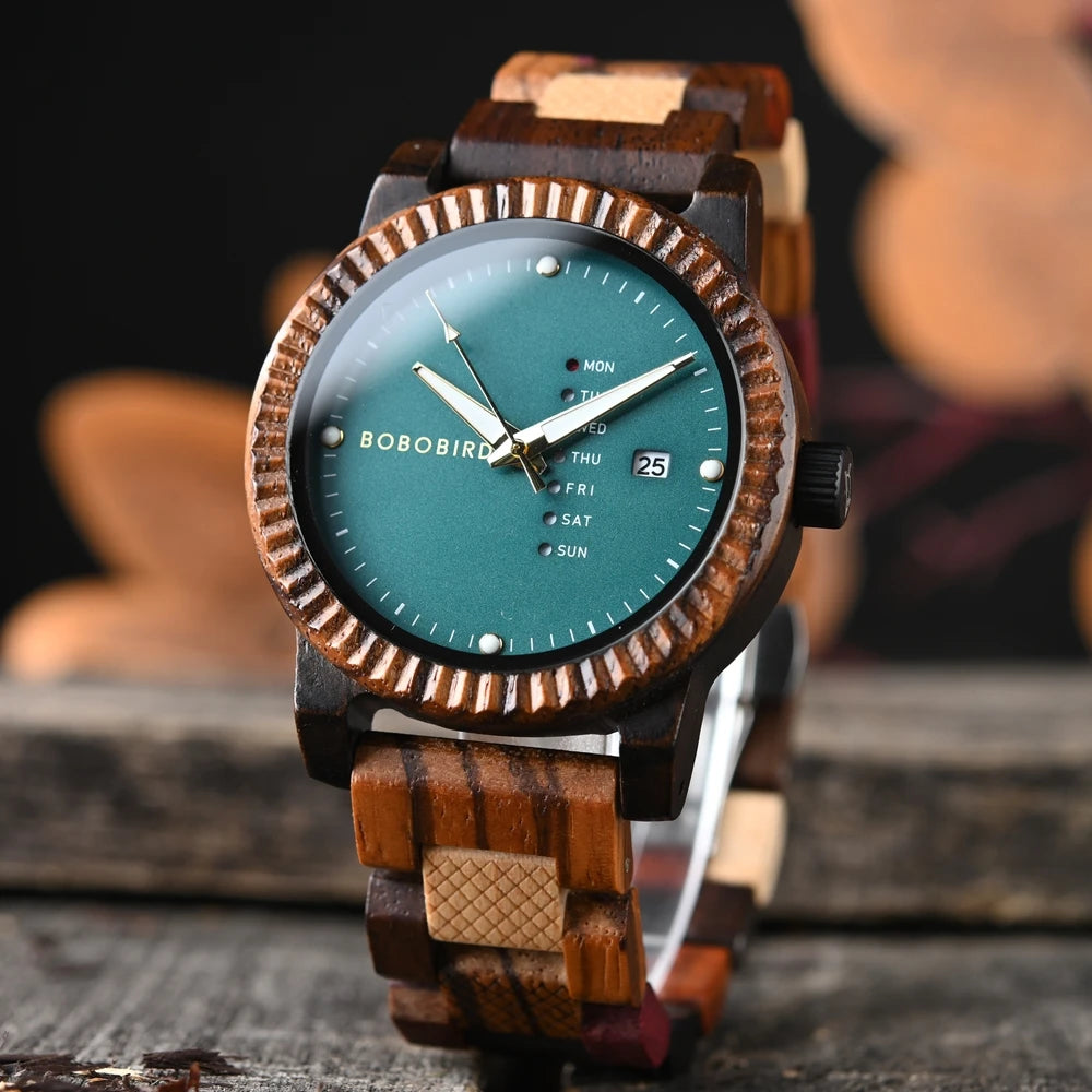 Men’s quartz watch simple fashion new couple wooden bobobird top brand timepieces week date display custom unique gift