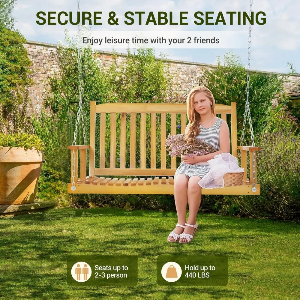 Outdoor wooden porch swing - heavy duty garden bench with adjustable chains ergonomic backrest