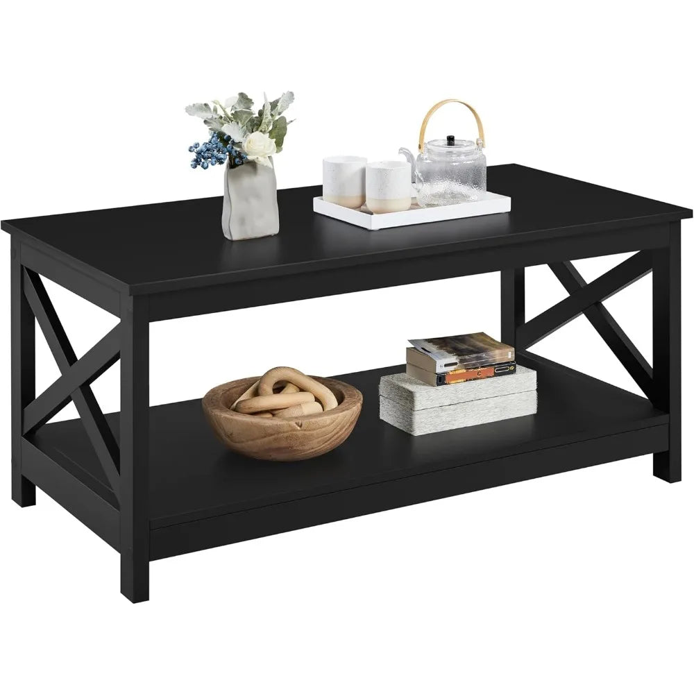 Wood coffee table with storage shelf for living room x design accent cocktail easy assembly home furniture - black