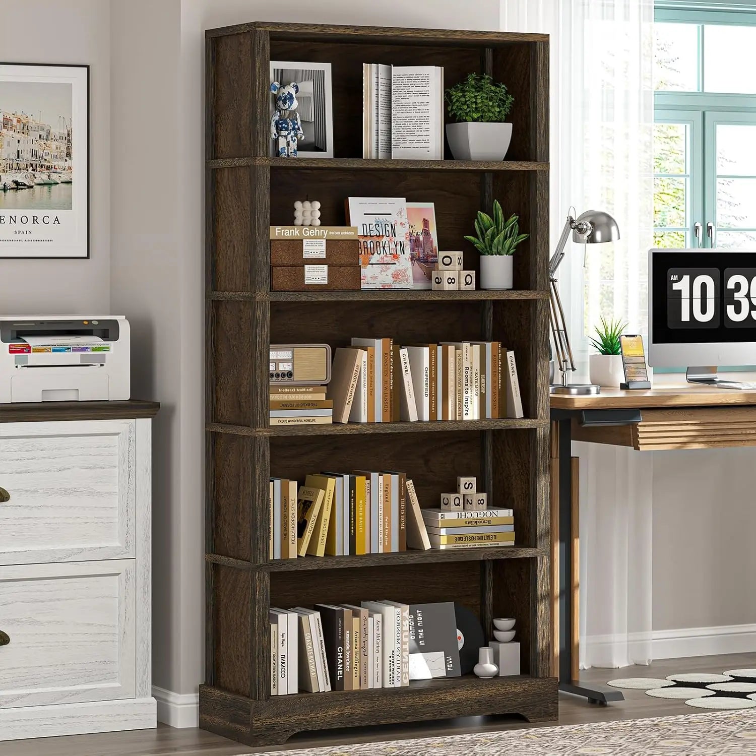 5-shelf wood bookcase 65 h tall bookshelf with storage floor standing display book shelf (rustic brown) - united states