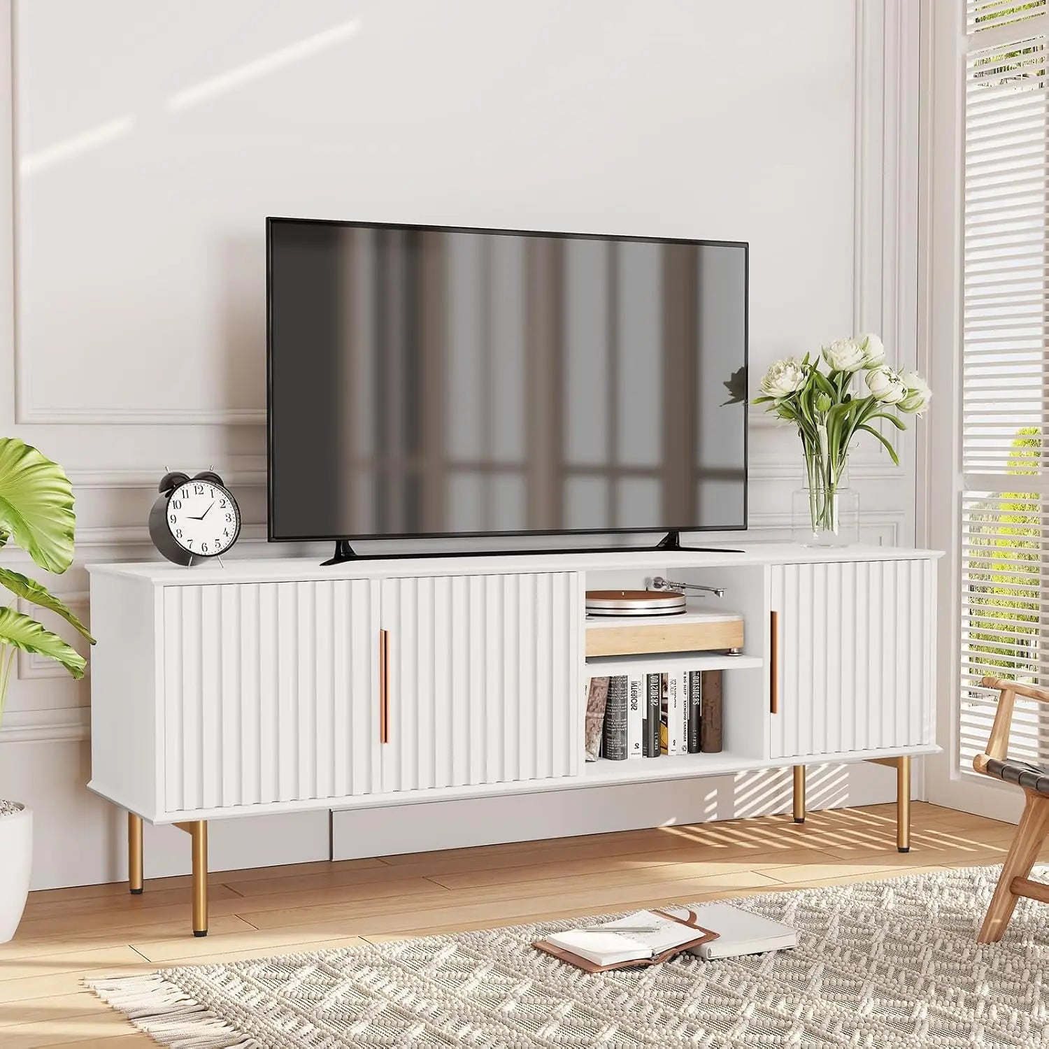 66’’ modern tv stand for 55/60/70 inch tv,mid century entertainment center with storage cabinet and adjustable shelf