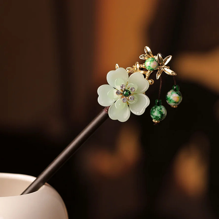 Retro flower hair forks long tassels wooden sticks pearls bead step shake chinese wedding bridal hairpins clips jewelry