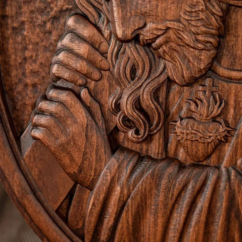 Vintage religious wooden icon jesus catholic figure carrying the cross holy statues home decor - retro / 35x26x2.5cm