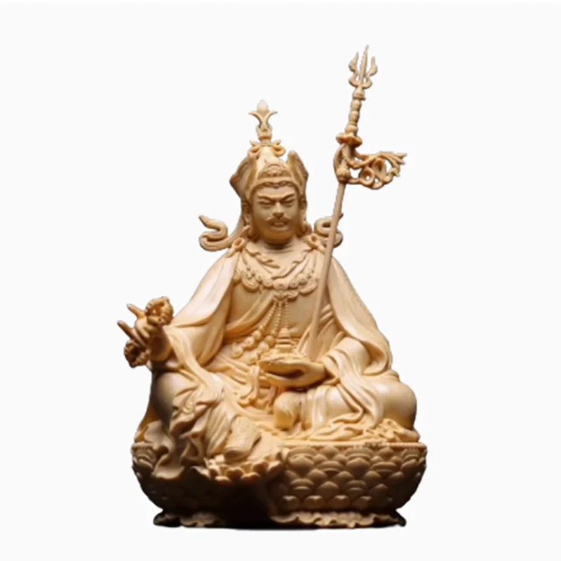 Wood carved padmasambhava statue guru rinpoche tibetan buddhism sculpture for home or shrine decor - light grey
