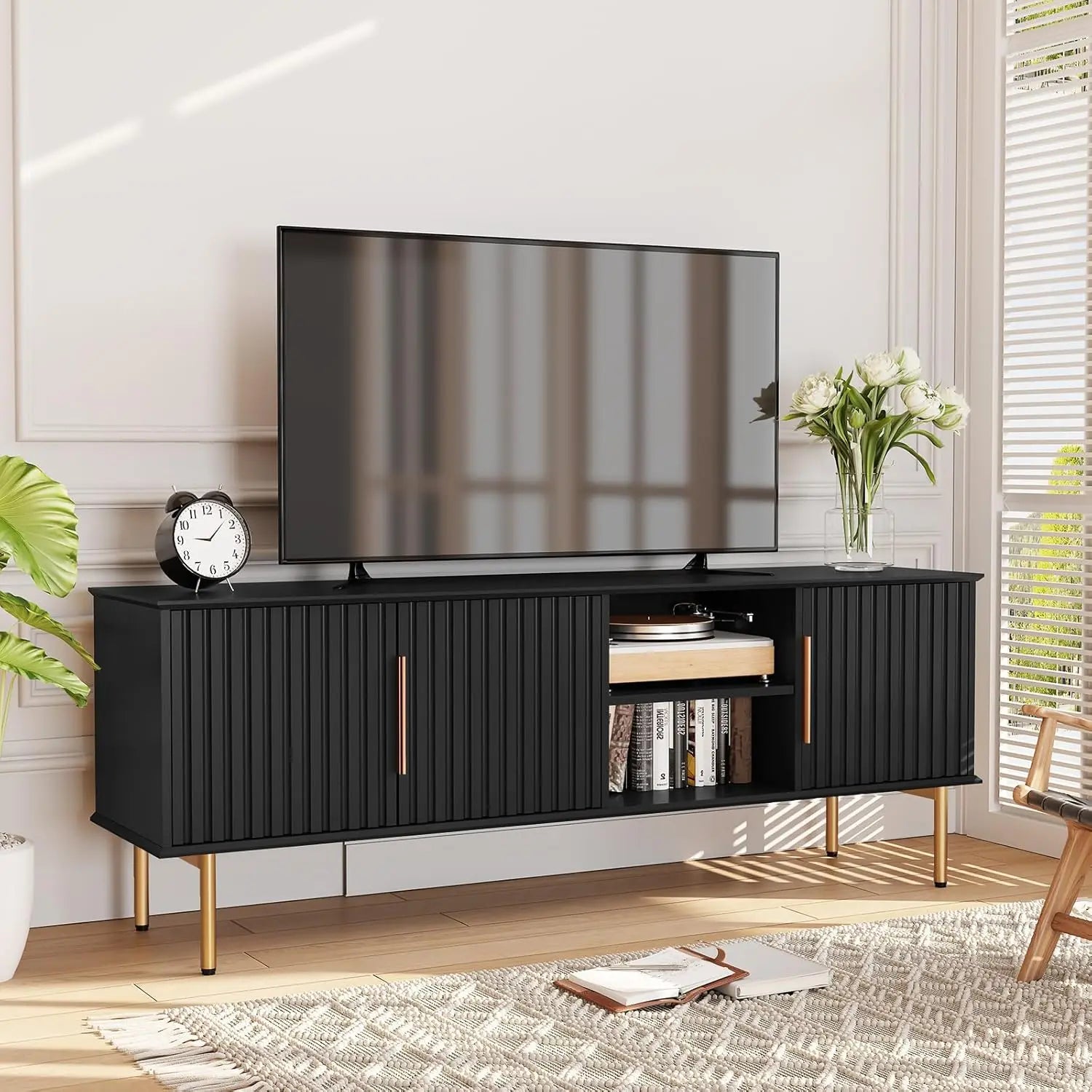 66’’ modern tv stand for 55/60/70 inch tv,mid century entertainment center with storage cabinet and adjustable shelf