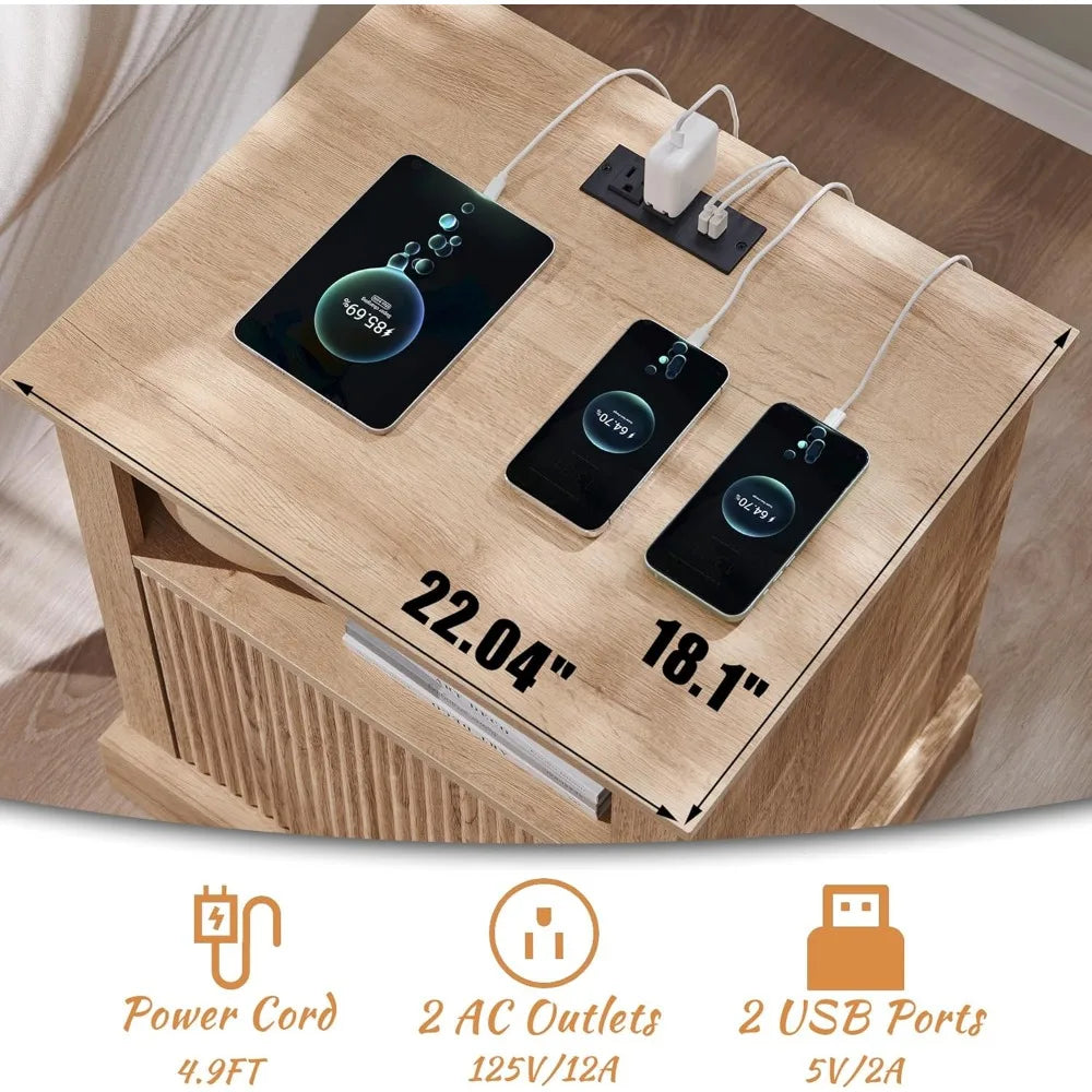 Fluted nightstand with charging station 22’’ large modern side table wood end w/open shelf & spacious tabletop bedside t