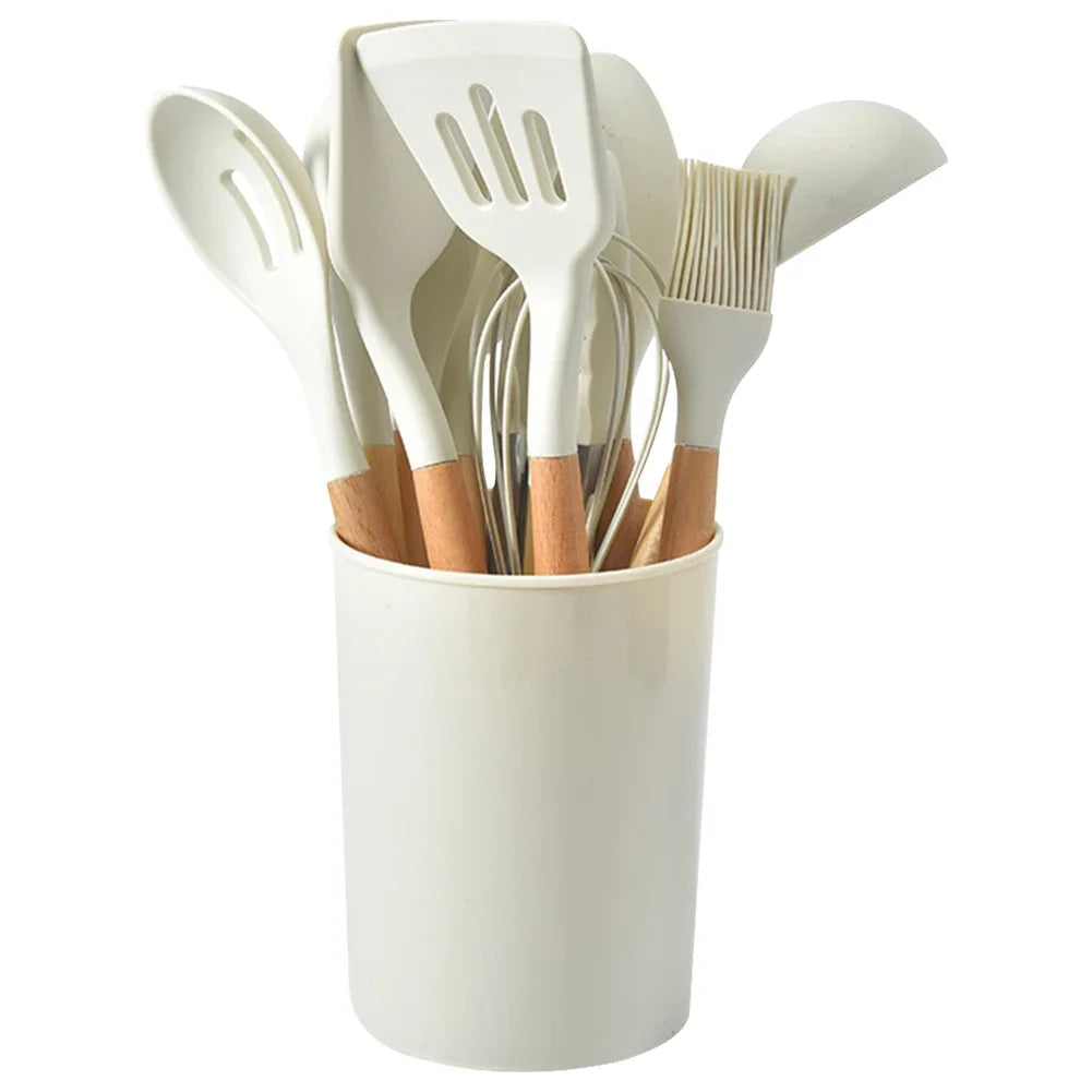 12pcs kitchen utensil set heat-resistant cookware wooden handle with holder spatula spoon brush whisk supplies - white