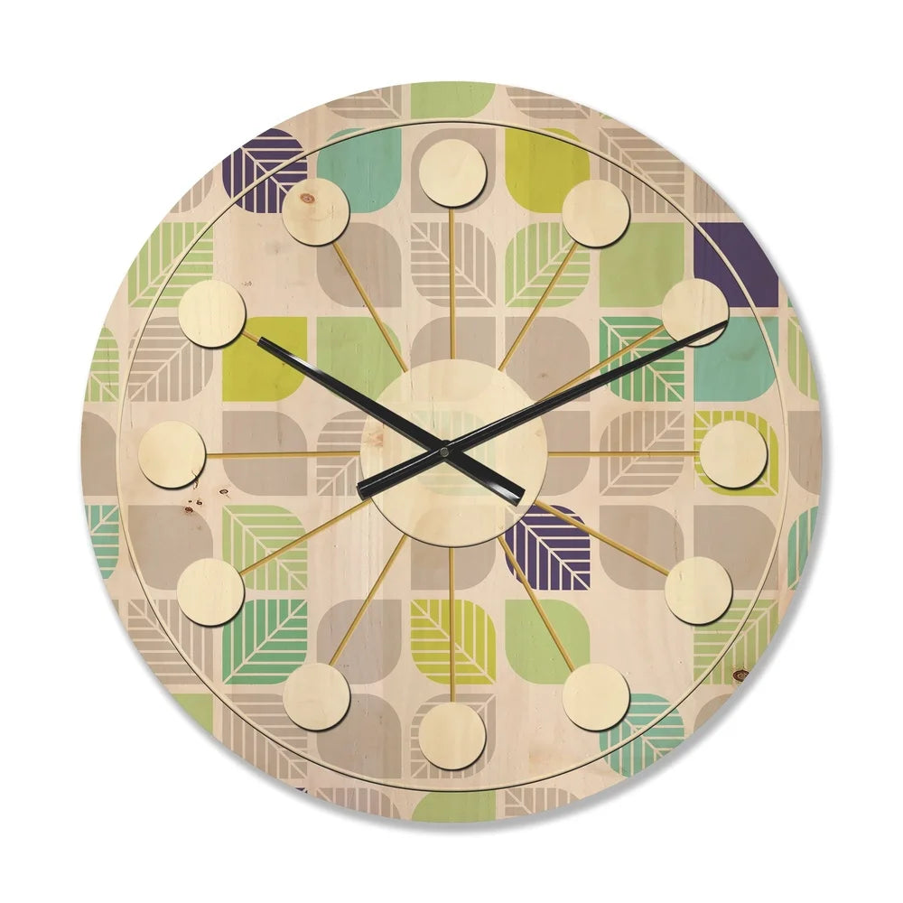 Mid-century modern wood wall clock geometric pattern natural pine art ready to hang unique home decor with battery