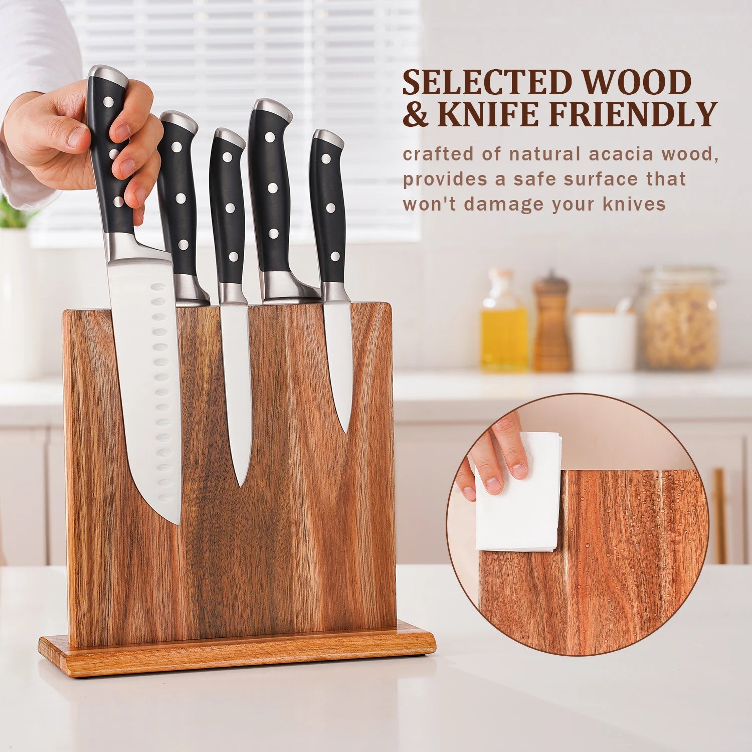 New acacia wood home kitchen magnetic knife block holder rack stands with strong enhanced magnets