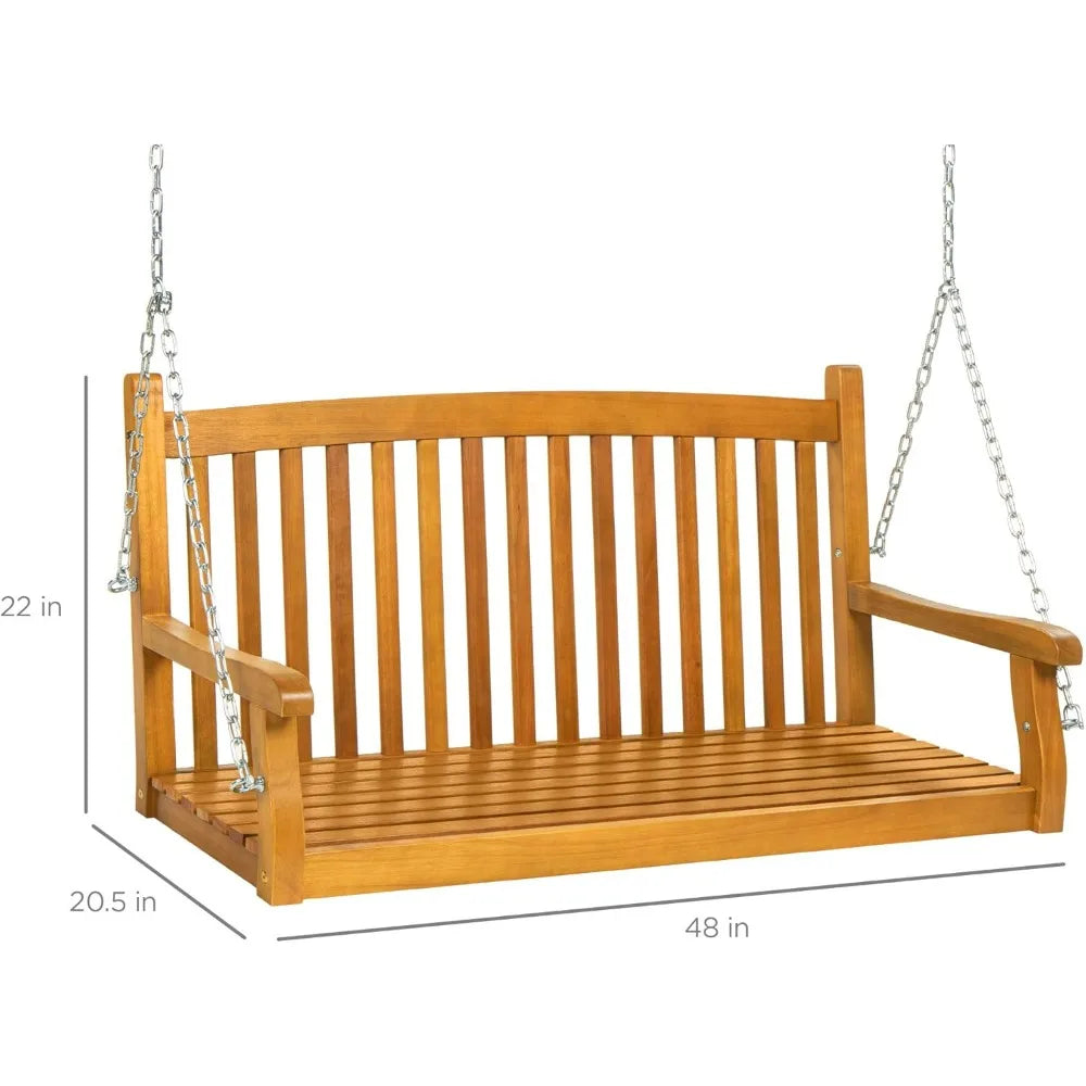 48in wood porch swing outdoor patio hanging bench chair furniture for deck garden yard w/mounting chains curved back