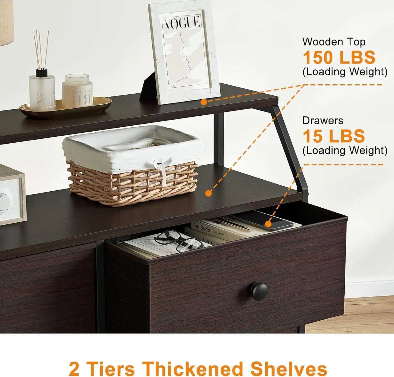 Dresser for bedroom with charging station and led lights brown tall chest of drawers shelf 2pcs wooden top large