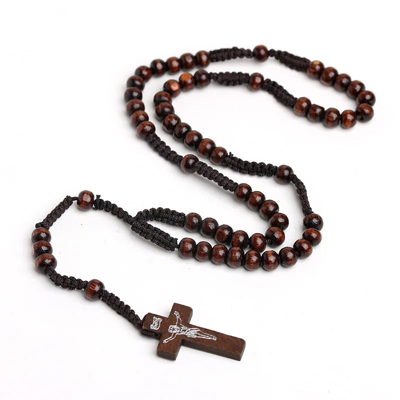 Yupsk catholic wood beads rosary necklace for women cross pendant hand braided rope chain men religious prayer jewelry