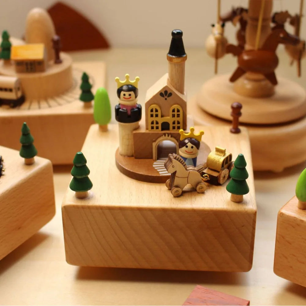 Cottage garden castle car woodgrain wind-up musical figurine wooden creative music box carousel train birthday gifts
