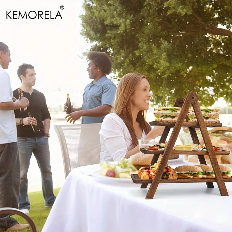 3 tier serving tray three tiered cupcake stand rectangle platter wooden party brown decorative - 1pcs