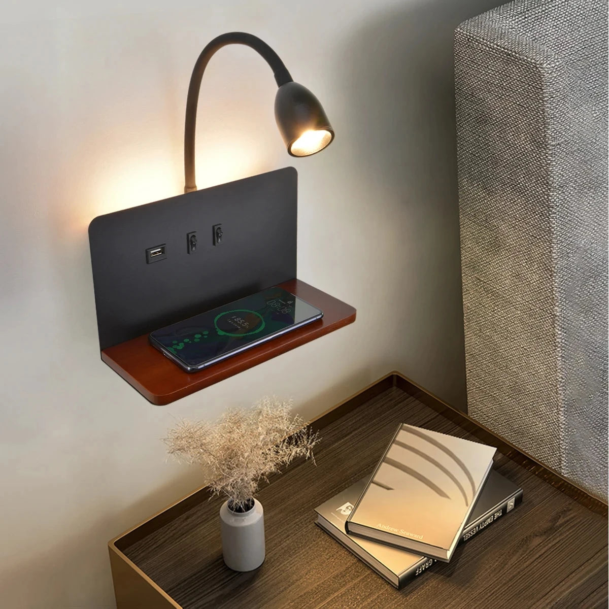 Minimalist wooden wireless charging wall lamp usb dual control switch led indoor bedside study room living light
