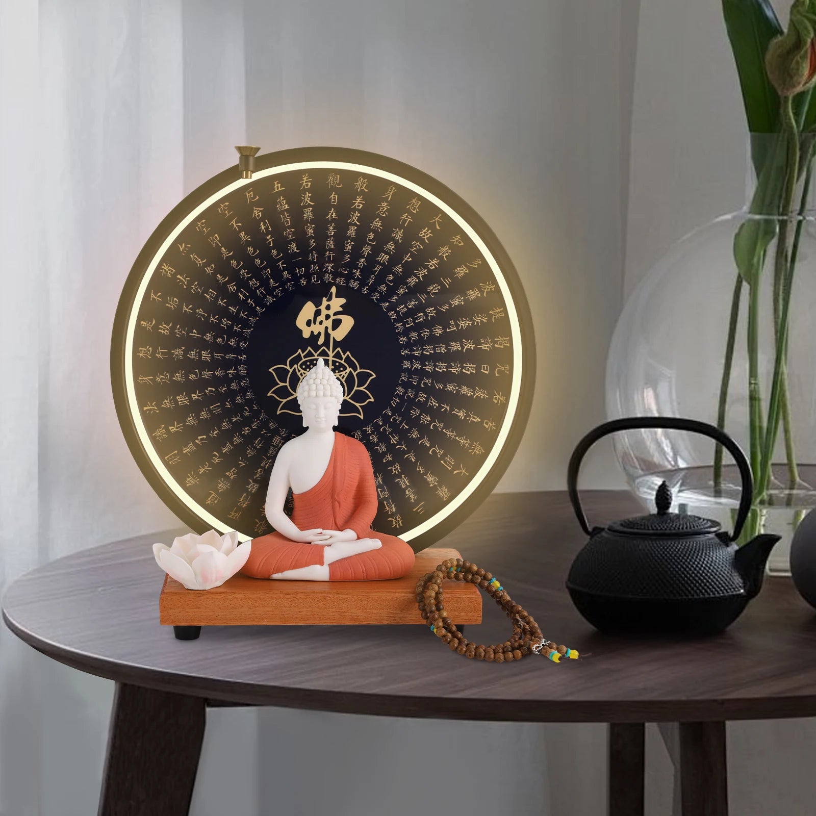 Buddha statue decoration ceramic for home décor with circle led lamp - multi-colored / united states - religious