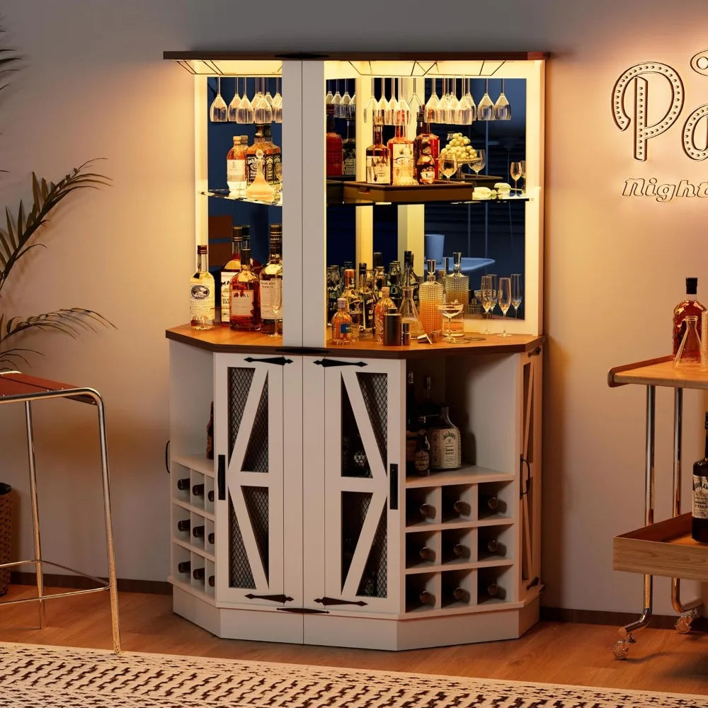 Farmhouse corner bar cabinet,modern wood freestanding wine with storage and holder tall hutch cabinet for home displ