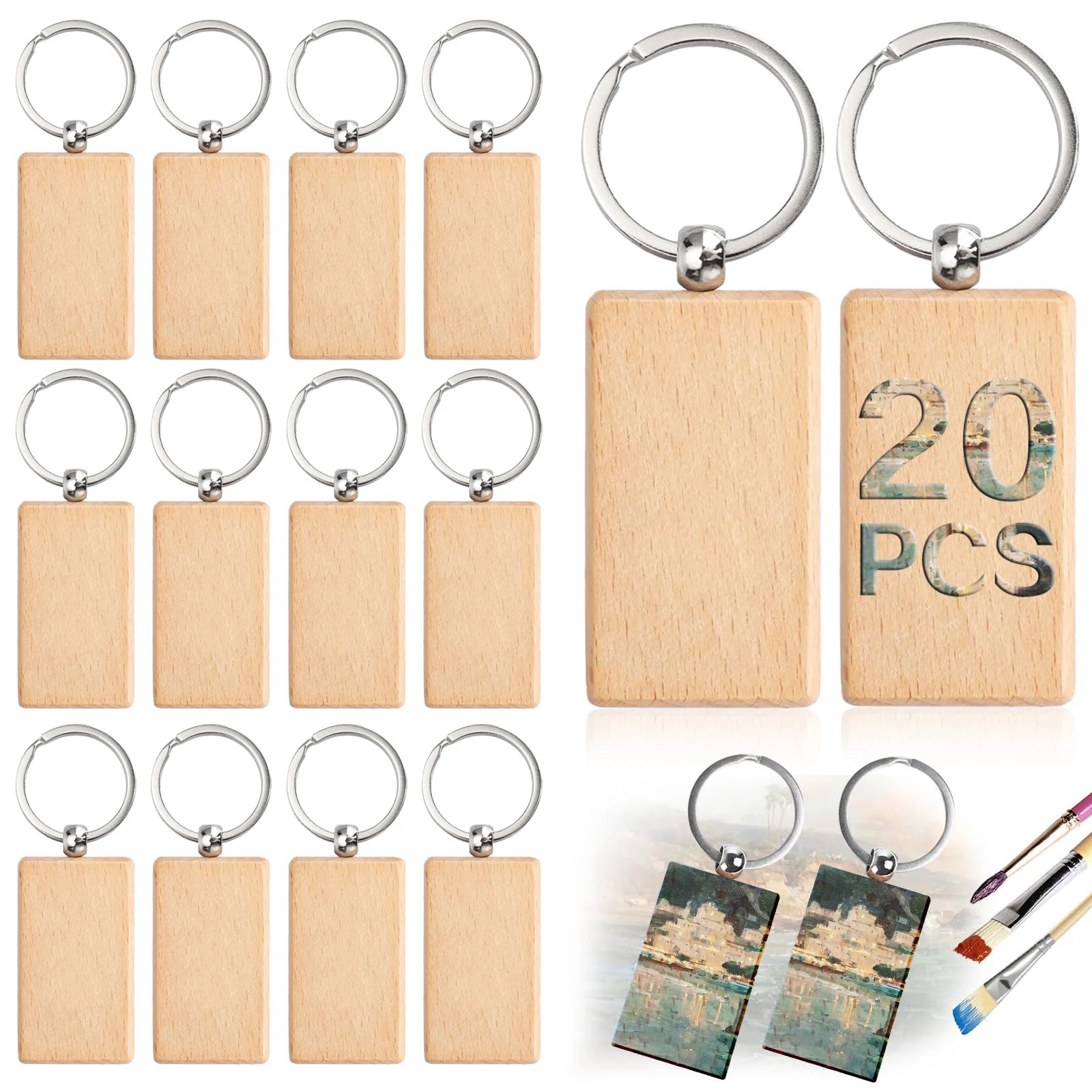 20pcs blank wooden key chain rectangle tags wood keychains ring for diy craft - rectangular