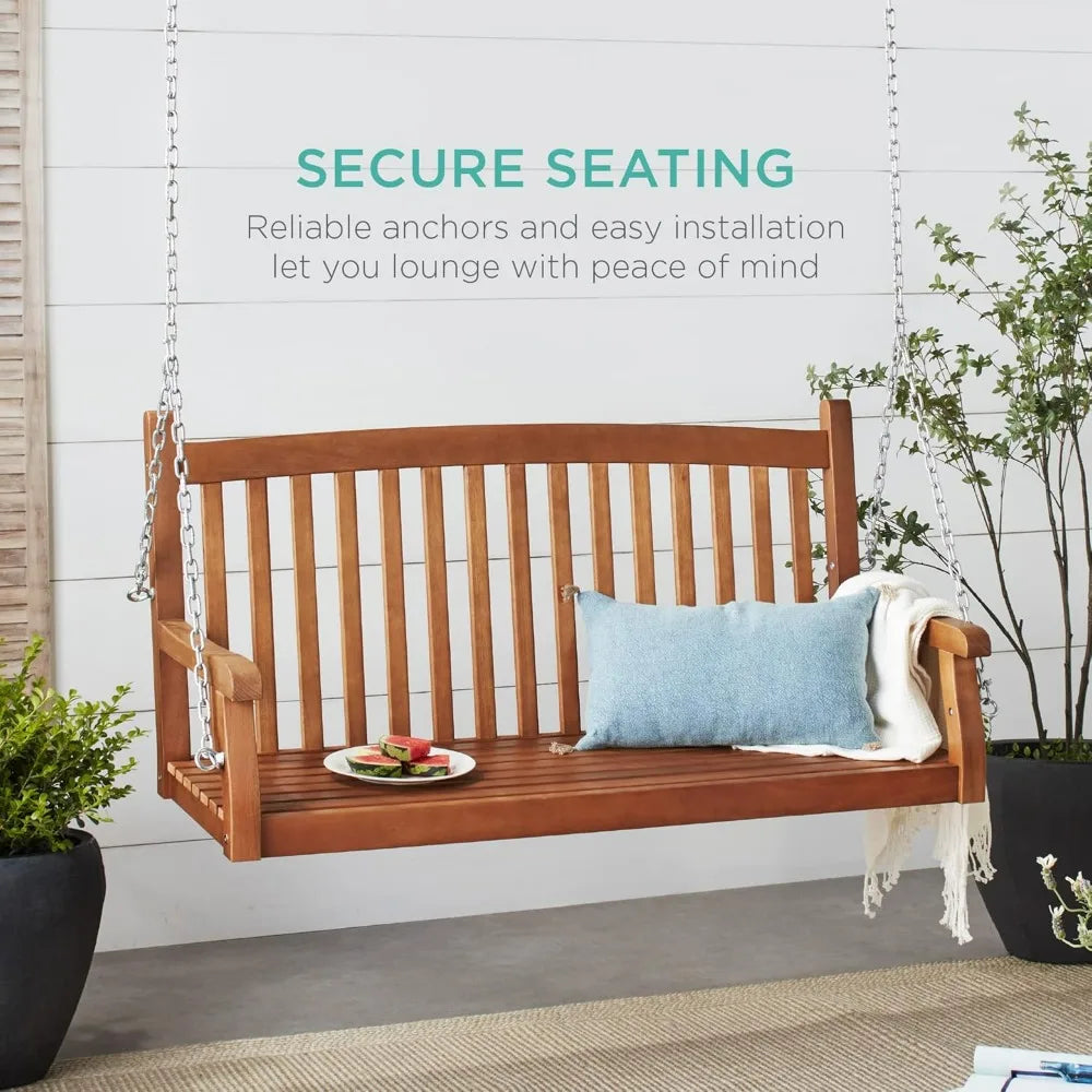 48in wood porch swing outdoor patio hanging bench chair furniture for deck garden yard w/mounting chains curved back