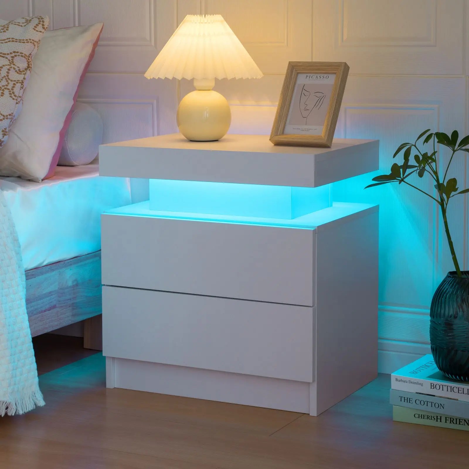 Cubehom led nightstands with 2 drawers end table rgb lights for bedroom living room white bedside