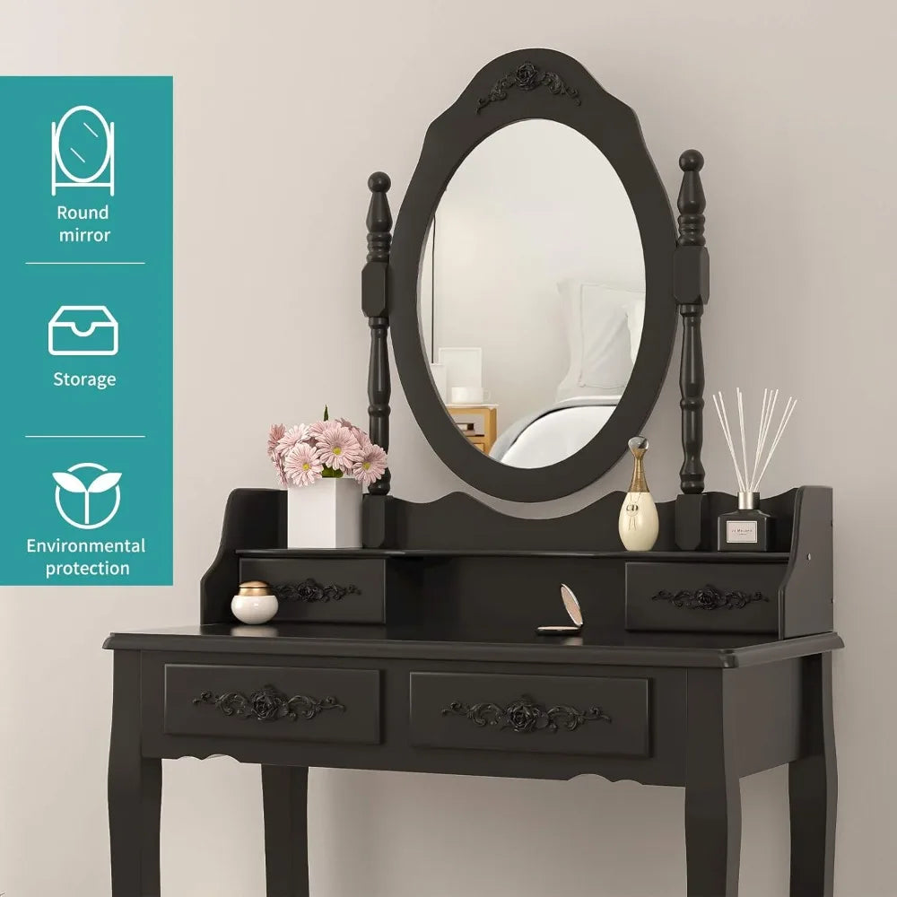Girls vanity desk makeup set with mirror & stool table black 4 drawers vintage rose carving - united states