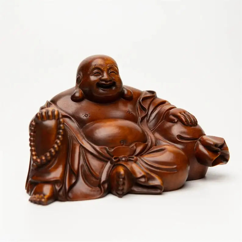 Hand carved wooden laughing buddha statue figurine good luck feng shui maitreya budai for wealth happiness home office