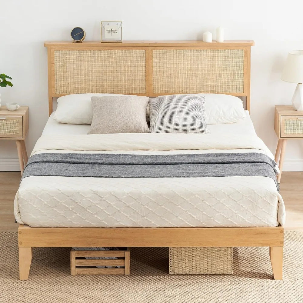 Full bed frame with natural rattan headboard and led lights metal platform strong wooden slats support boho cane - oak