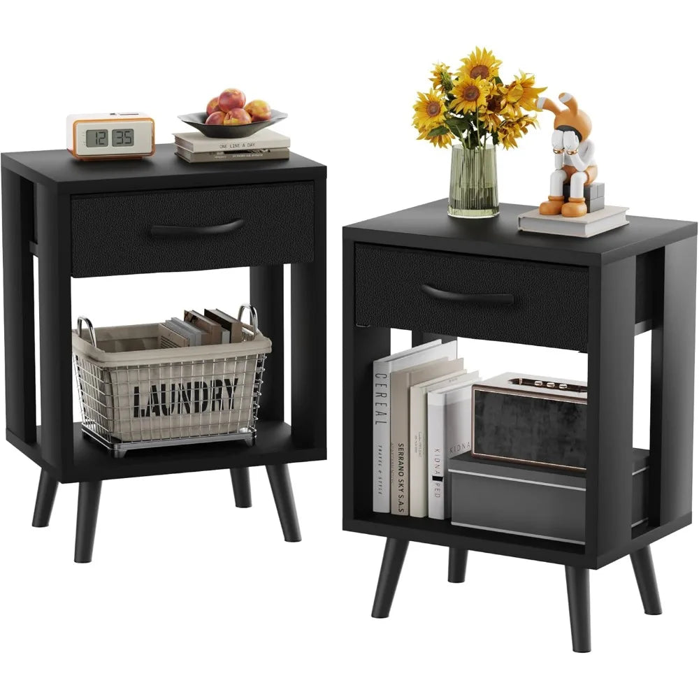 Set of 2 with fabric storage drawer and open wood shelf,side table for bedroom,night stand bedroom