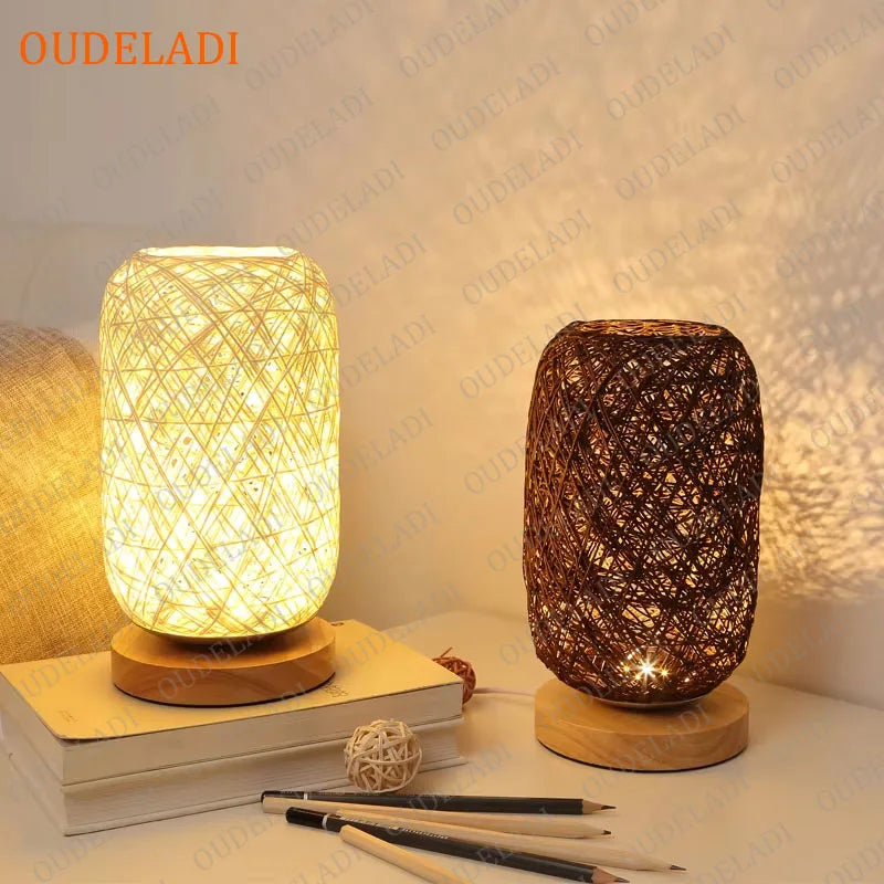Oudeladi wooden base rattan twine table lamp home decor living room bedroom bedside desk night light usb and eu plug