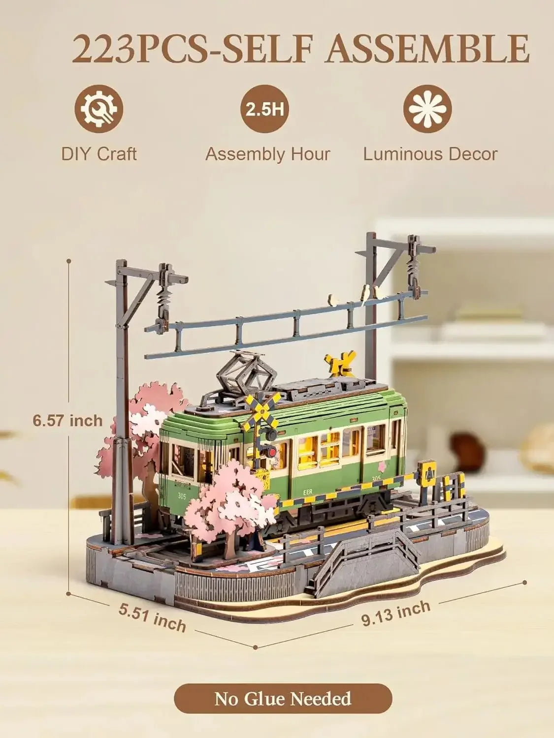 Robotime sakura journey tram 3d wooden puzzles with led lights home decor gift for adults women girls - sttgs02