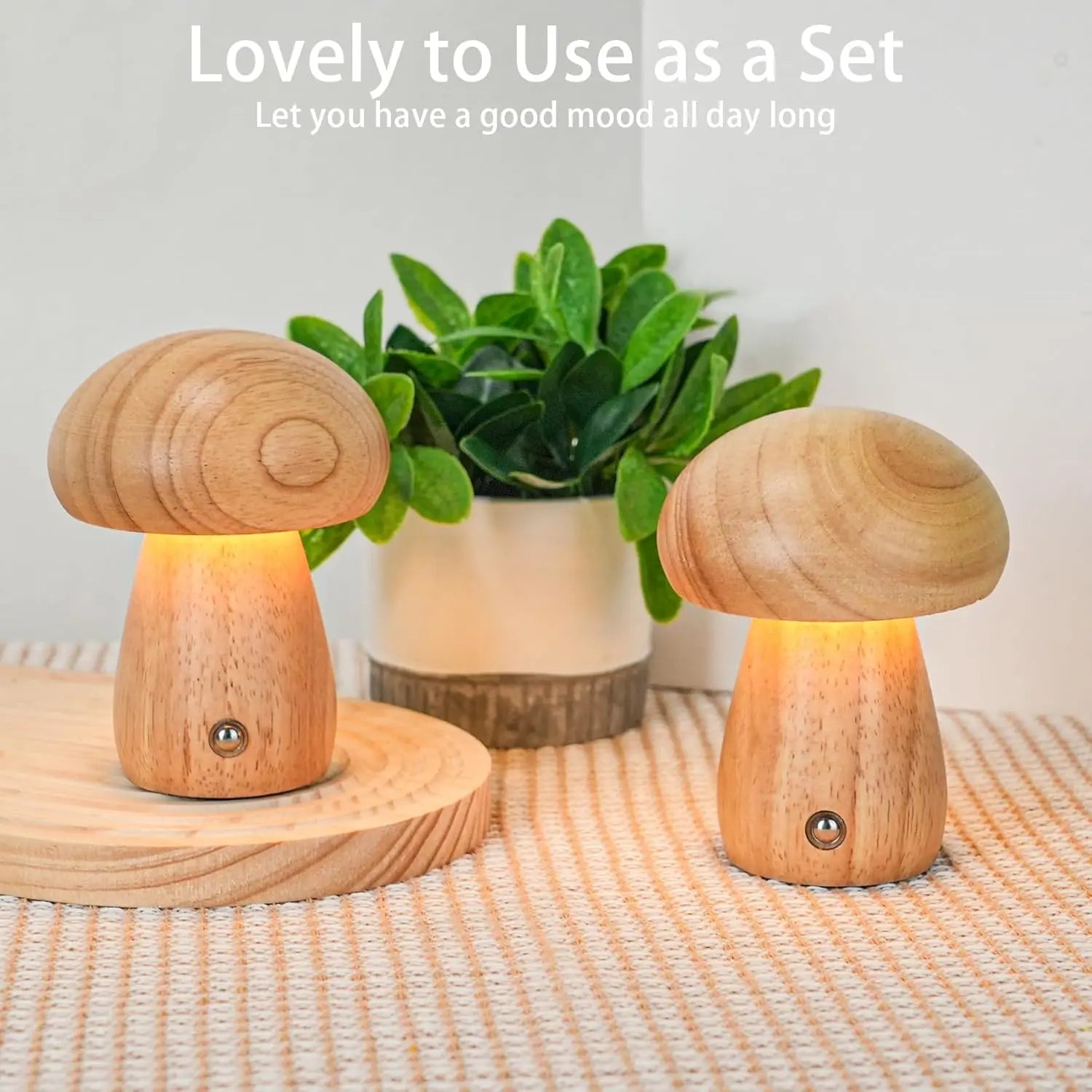 Wooden creative mushroom night light stepless dimming bedside table lamp 3 color rechargeable sleeping nightlights