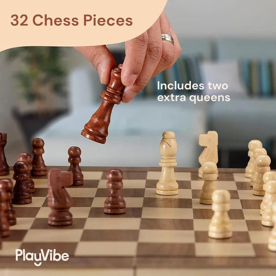 Handmade classic wooden chess set 15’’ with checkers board games for all players including 2 extra queens portable