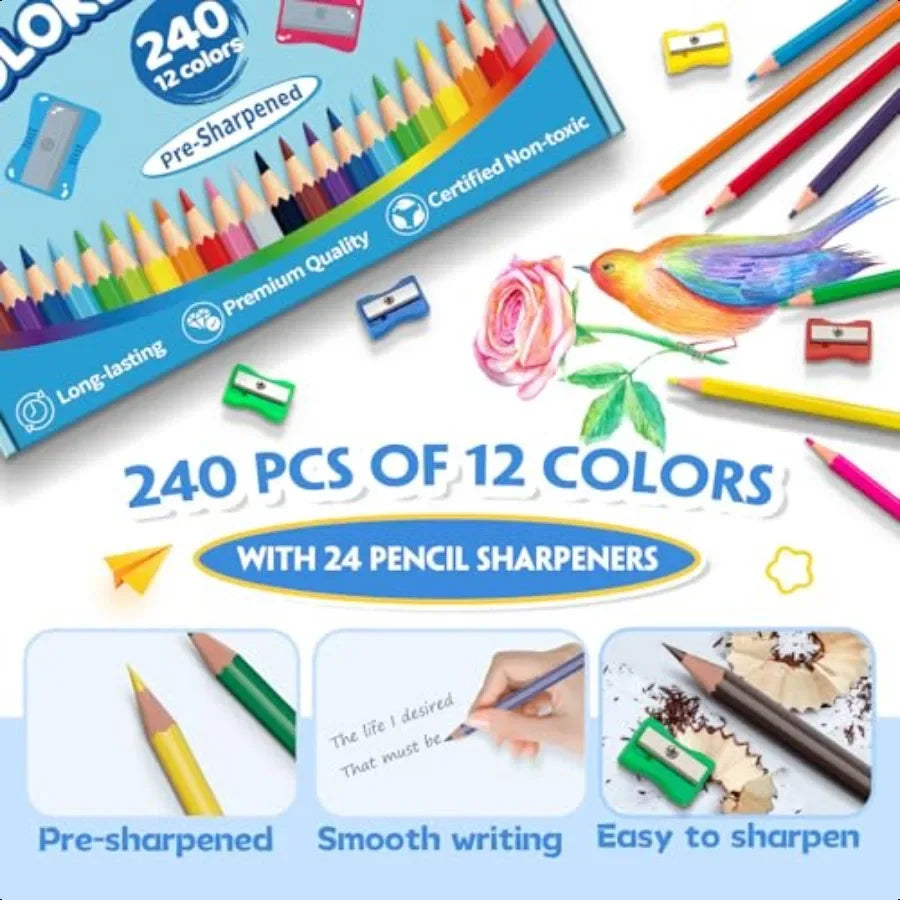 240 count colored pencils bulk for classrrom color in 12 vibrant colors presharpened coloring set plus 24 s - united