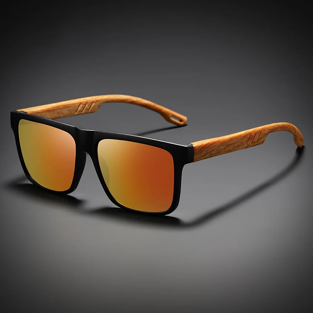Retro square sunglasses wood-grain temple lightweight spring hinges uv400 daily casual unisex vintage eyewear - united