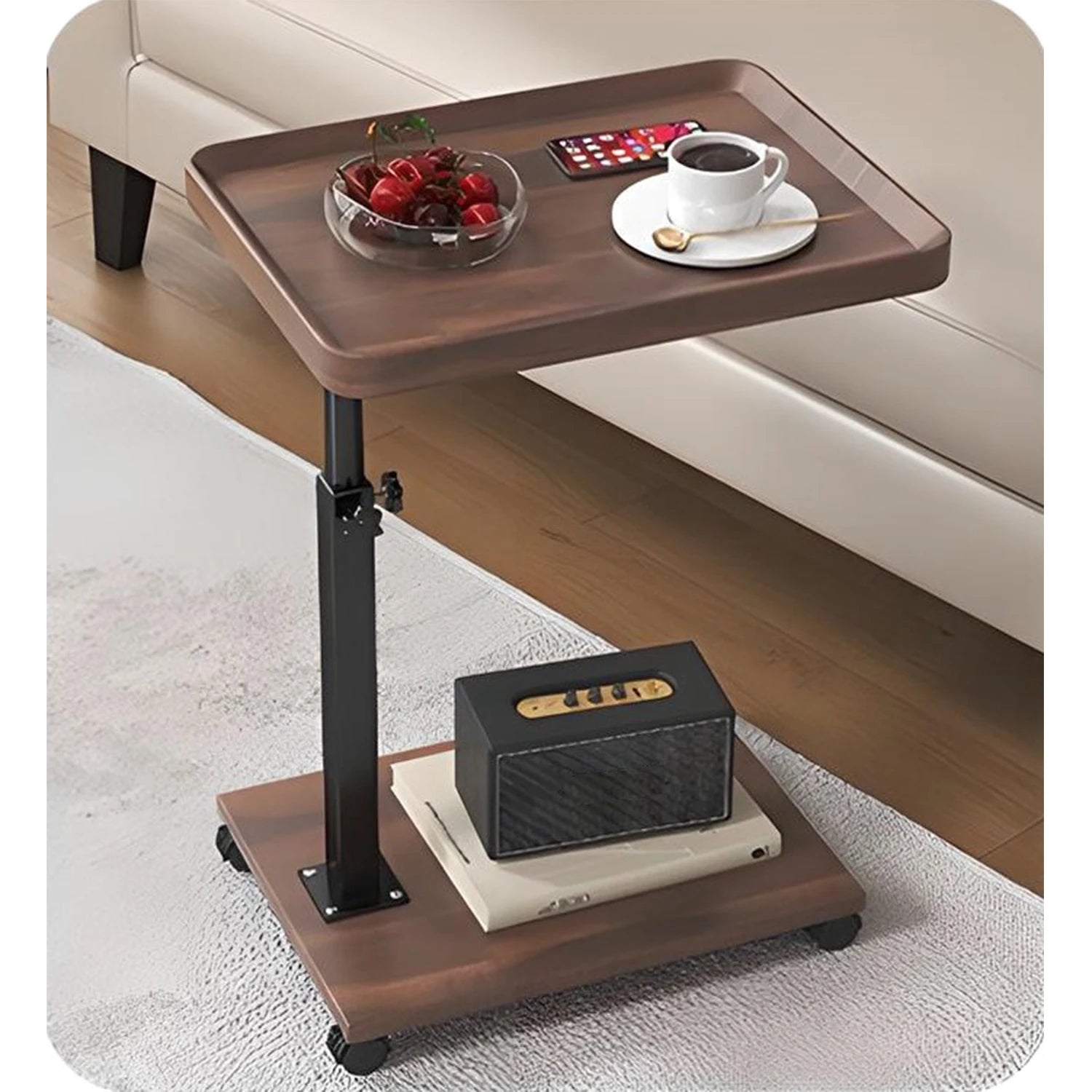 Wooden c-shape lifting side table movable small sofa corner for living room bedroom bedside laptop desk - walnut color