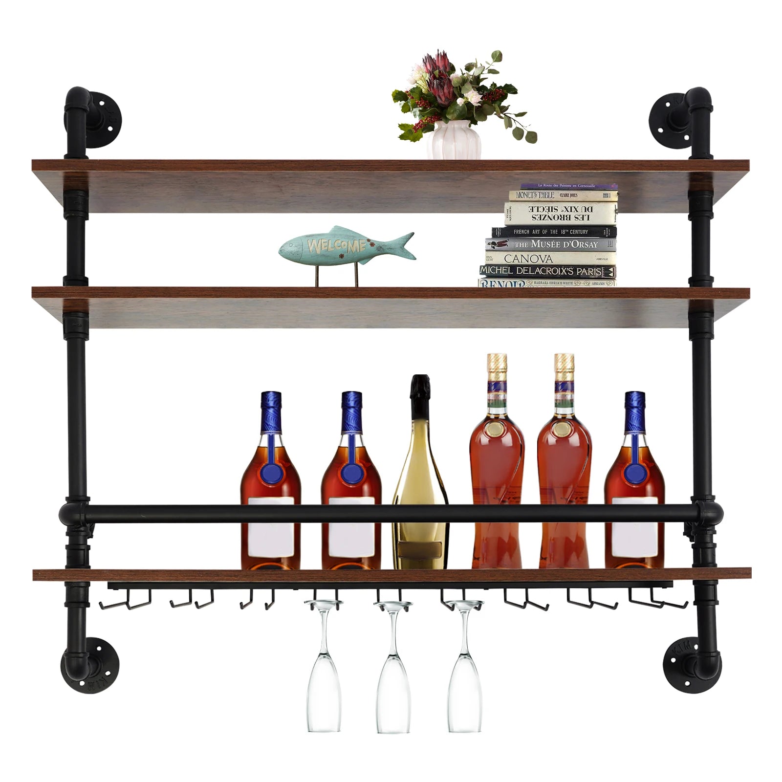Industrial 3-tier wall mounted wine rack with glass holders guard rails iron wood for bottle storage floating shelves