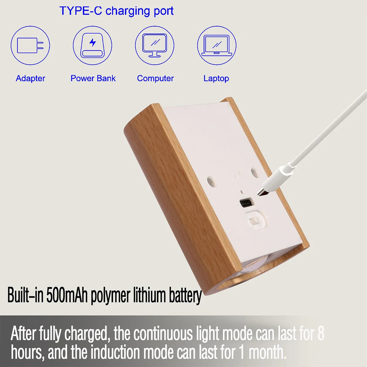 Intelligent induction wall lamp 0.4w infrared night light with wooden led 2700k-3000k sensor rechargeable magnetic bulb