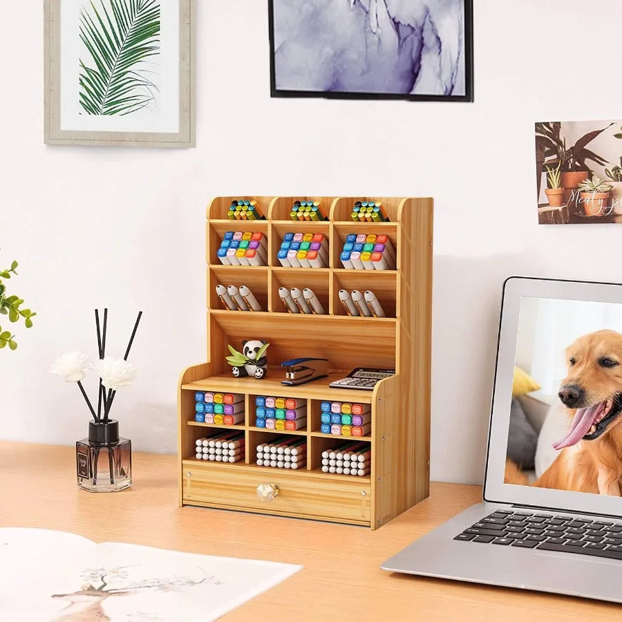 Wooden desk stationary organizer multi-functional pen holder storage rack for school home office art supplies