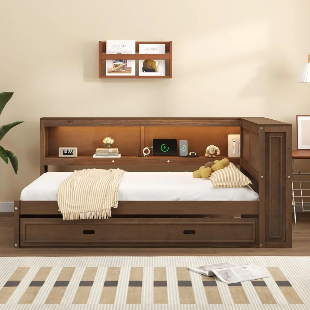 Harper & bright designs full size daybed with bookcase headboard and trundle wooden platform bed frame storage shelves