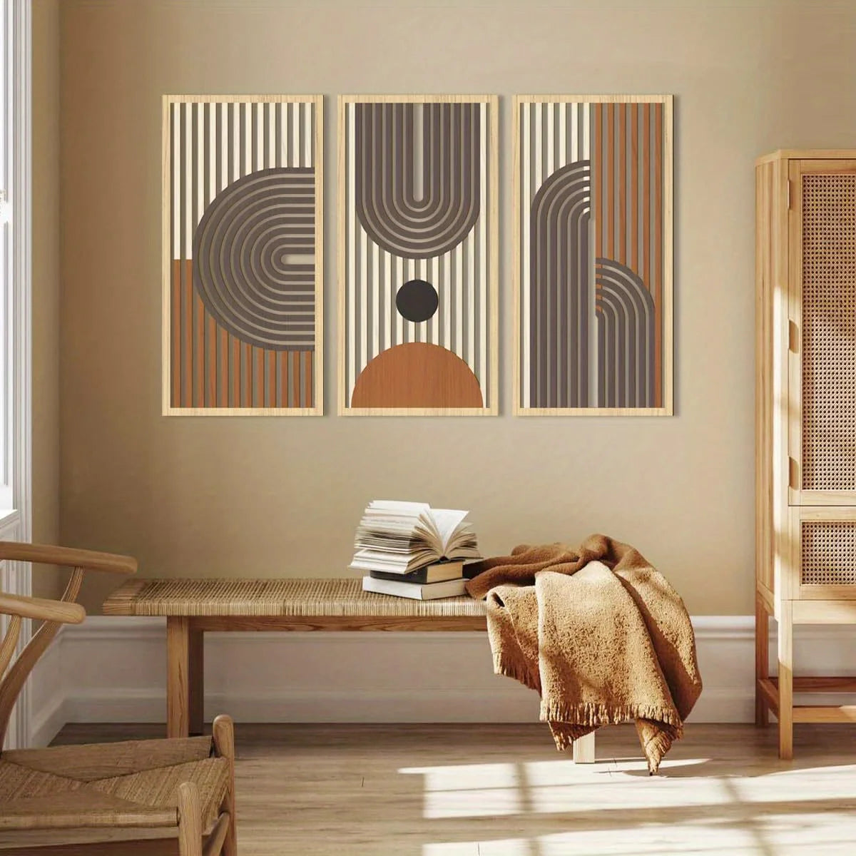 3pcs modern line hollow wooden art wall decor abstract geometric sculptures for bedroom living room office