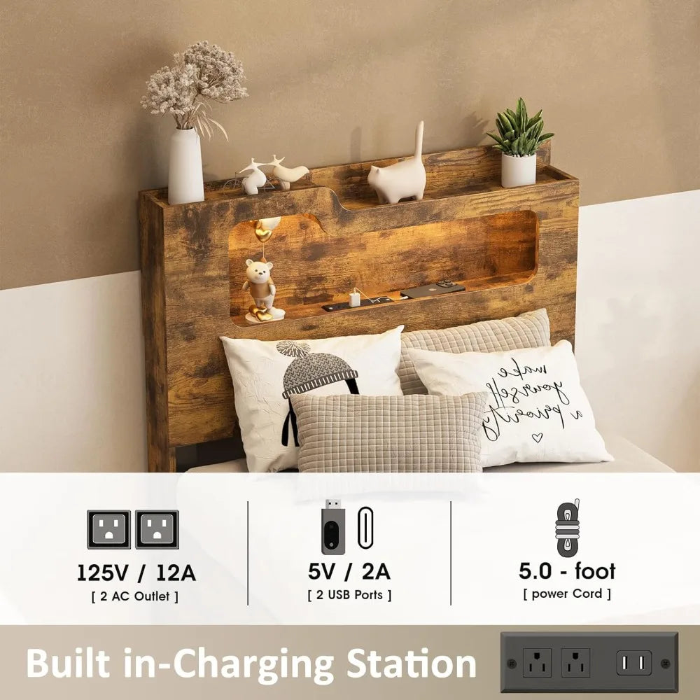 Fameill twin size lift up storage bed frame 2-tier headboard wooden platform with lifting & charging station,